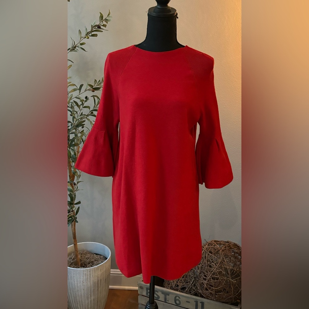 Anthropologie Moth Chester Bell Sleeve Red Mid Length Dress Size Medium